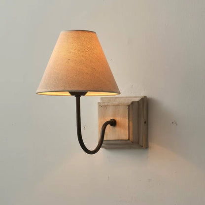 Rustic Farmhouse Wall Light with Linen Shade and Wooden Base