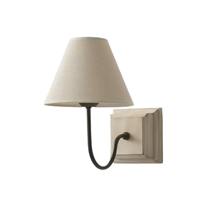 Rustic Farmhouse Wall Light with Linen Shade and Wooden Base