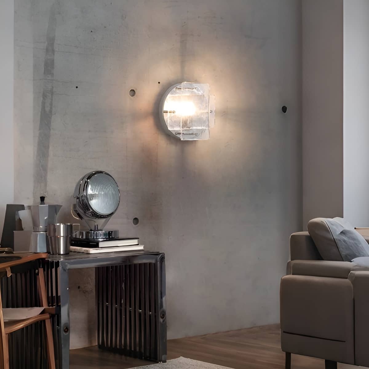 Small Bauhaus Industrial Chrome and Clear Glass Wall Light