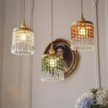 Small Crystal Fringe and Brass Antique Pendant Light