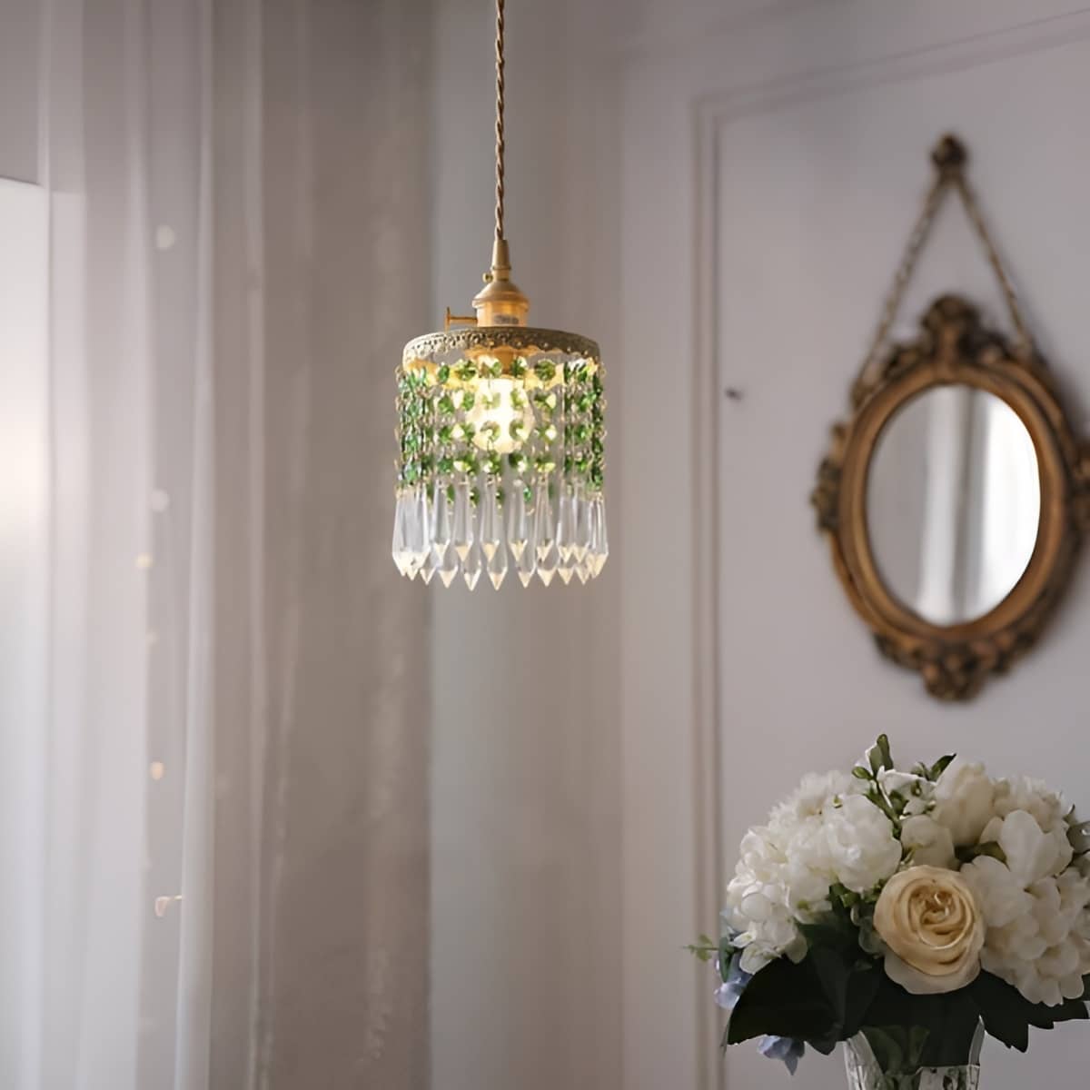Small Crystal Fringe and Brass Antique Pendant Light