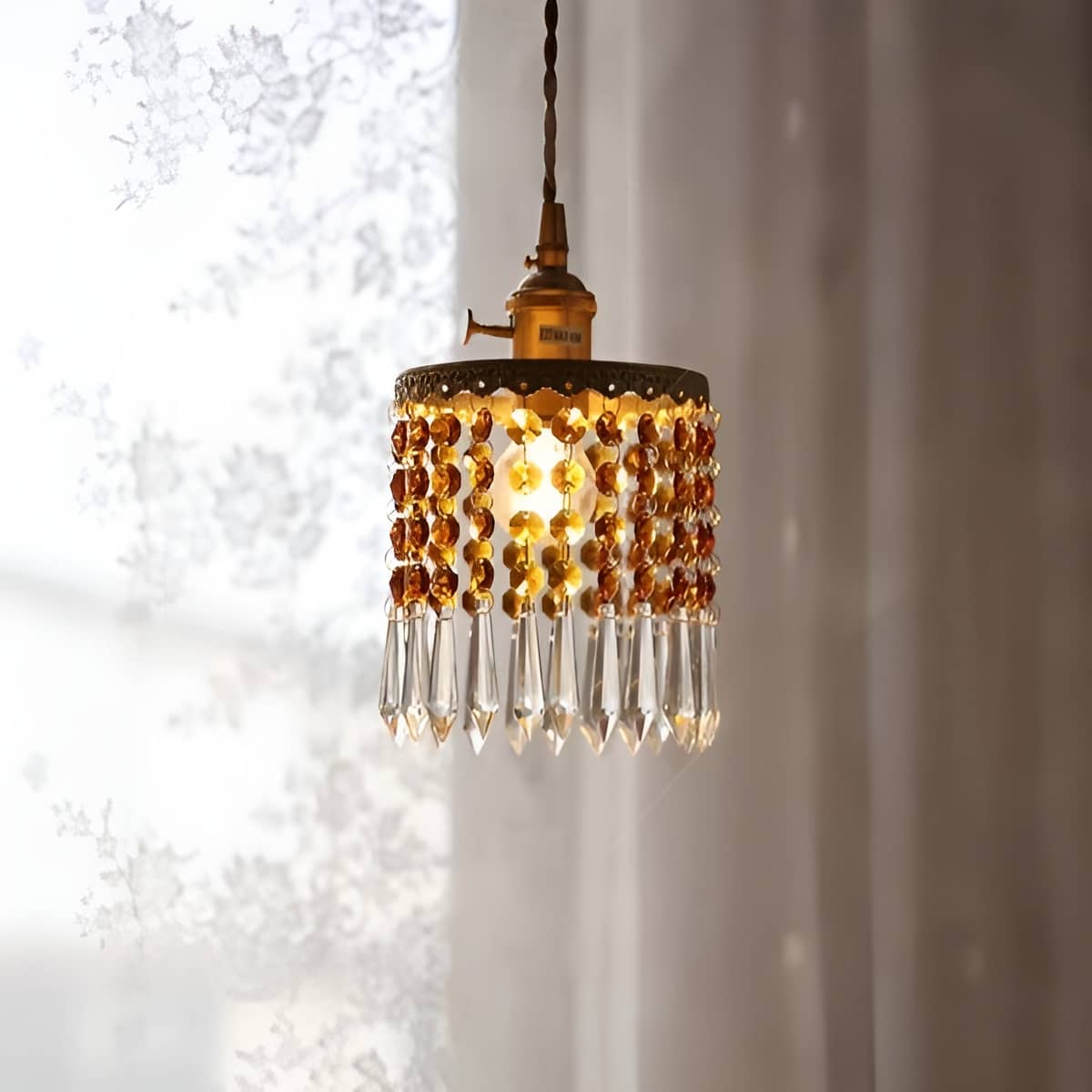 Small Crystal Fringe and Brass Antique Pendant Light
