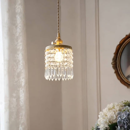 Small Crystal Fringe and Brass Antique Pendant Light