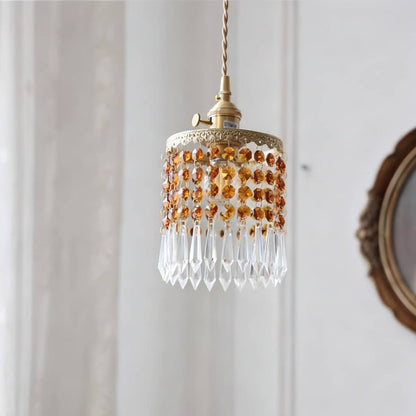 Small Crystal Fringe and Brass Antique Pendant Light