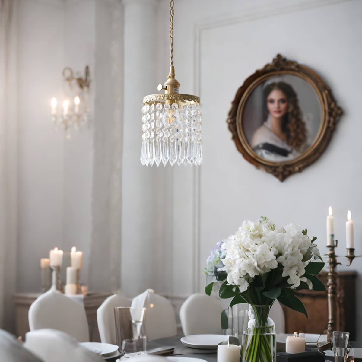 Small Crystal Fringe and Brass Antique Pendant Light