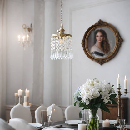 Small Crystal Fringe and Brass Antique Pendant Light