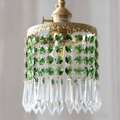 Small Crystal Fringe and Brass Antique Pendant Light