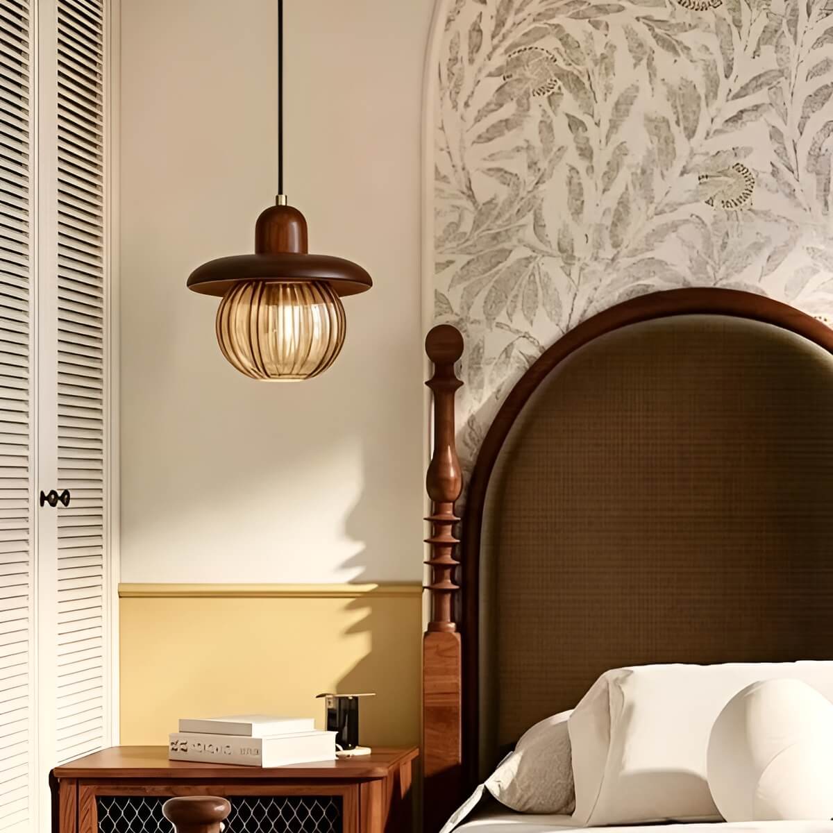 Small Chic Pumpkin Wooden Pendant light with Glass Shade