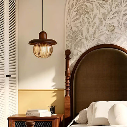 Small Chic Pumpkin Wooden Pendant light with Glass Shade