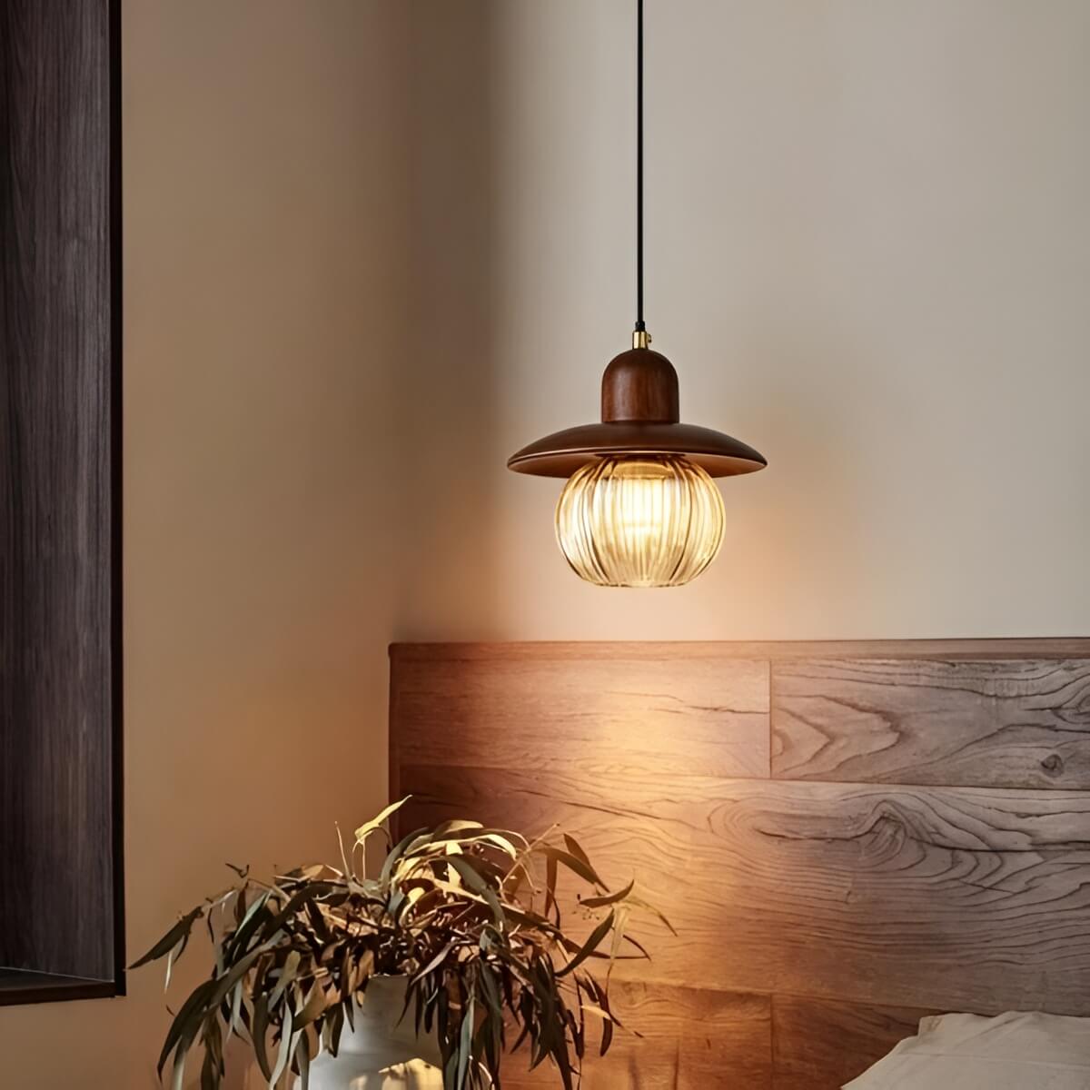 Small Chic Pumpkin Wooden Pendant light with Glass Shade