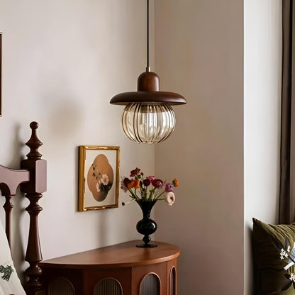 Small Chic Pumpkin Wooden Pendant light with Glass Shade