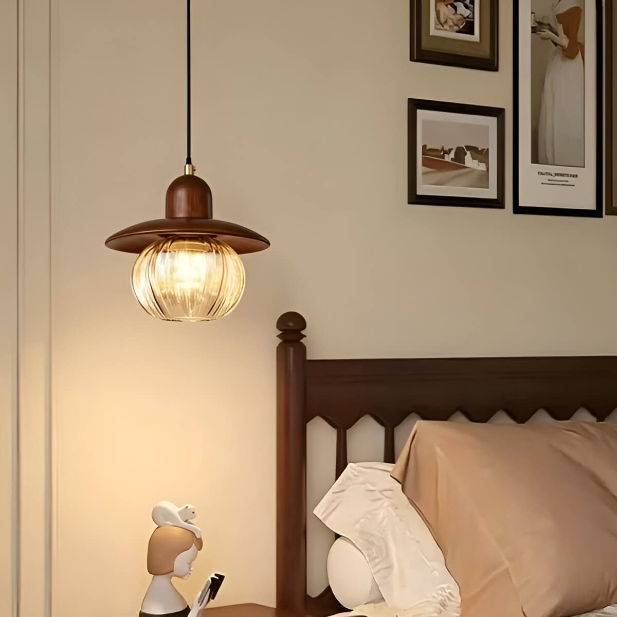 Small Chic Pumpkin Wooden Pendant light with Glass Shade