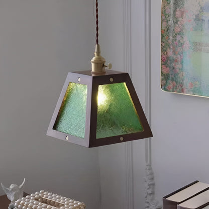 Trapezoid Vintage Glass Pendant Light With Wood Frame