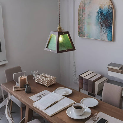 Trapezoid Vintage Glass Pendant Light With Wood Frame