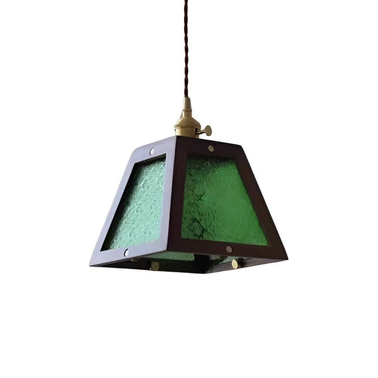 Trapezoid Vintage Glass Pendant Light With Wood Frame