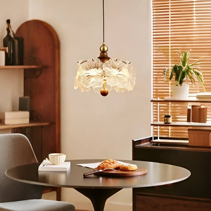 Vintage Art Wood and Glass Flower Pendant Light for Dining Area