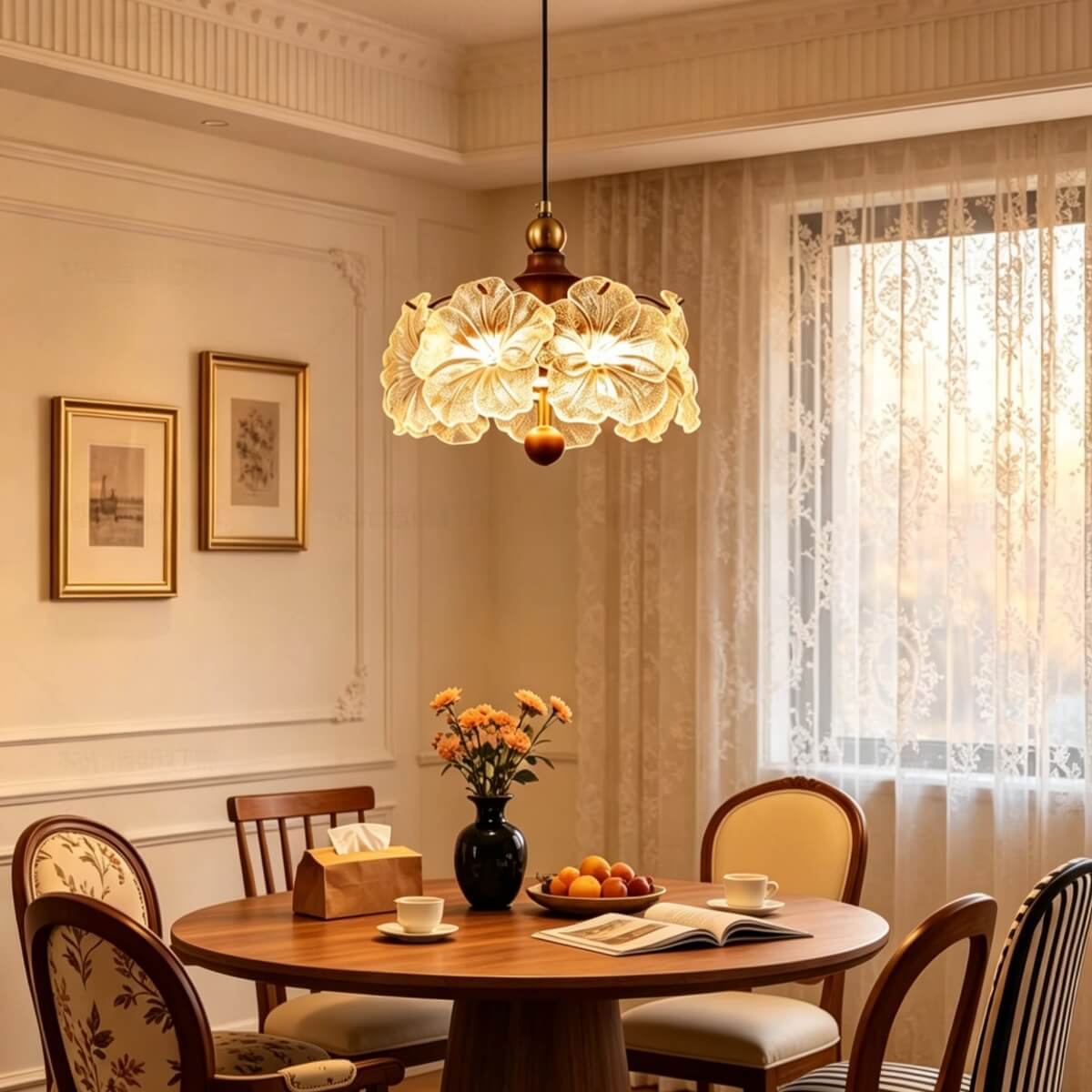 Vintage Art Wood and Glass Flower Pendant Light for Dining Area