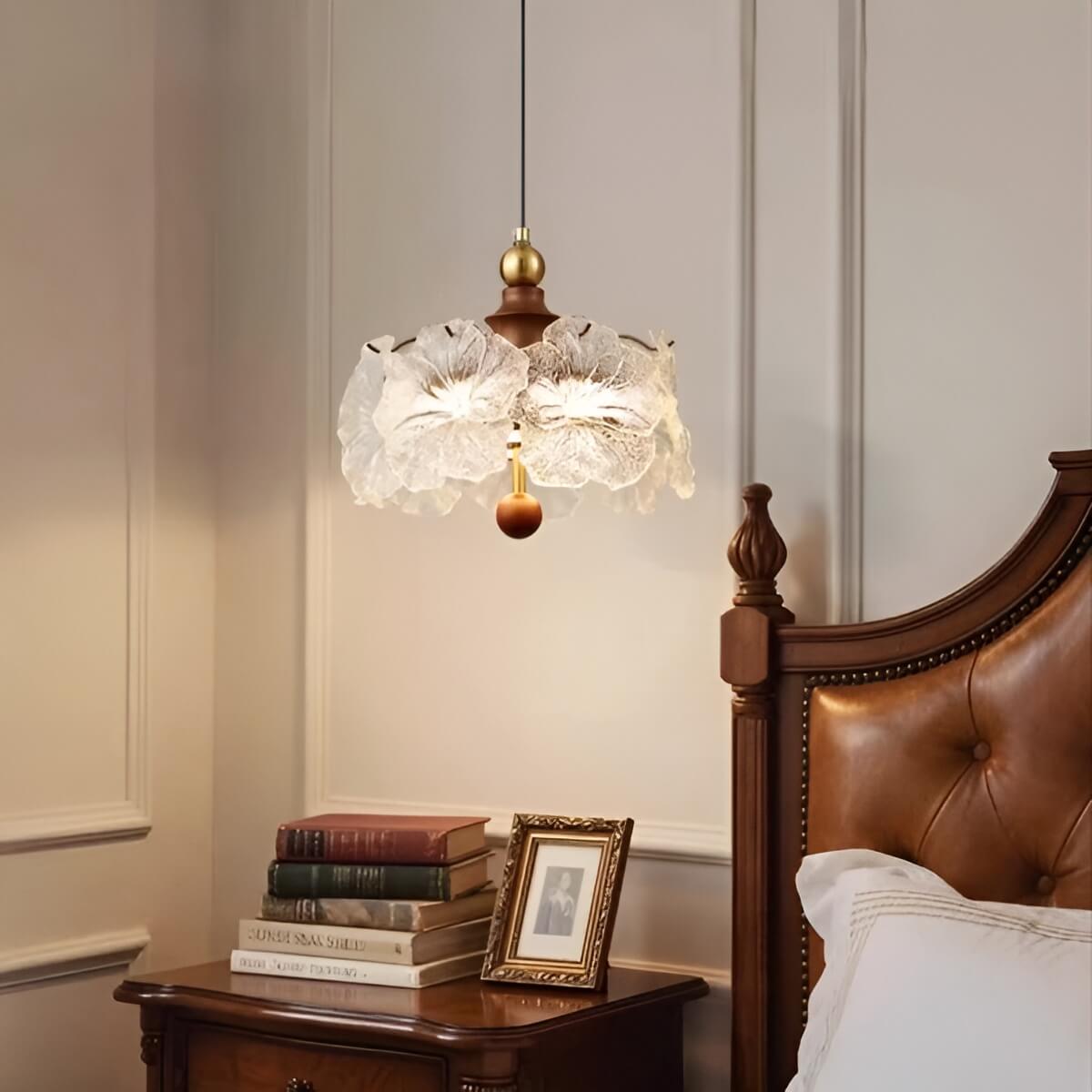 Vintage Art Wood and Glass Flower Pendant Light for Dining Area