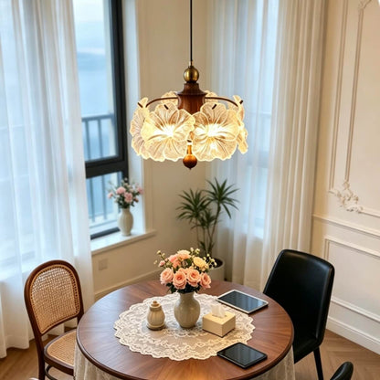 Vintage Art Wood and Glass Flower Pendant Light for Dining Area