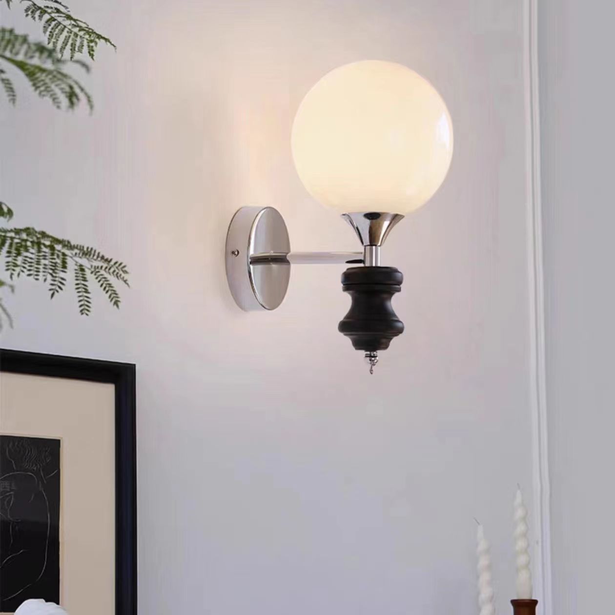 Vintage Black Glass Globe Wall Sconce