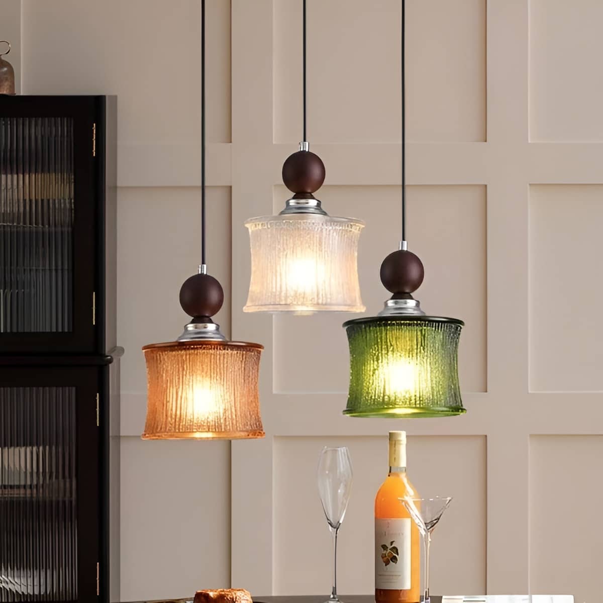 Vintage zylindrische gerippte Glas Pendelleuchte
