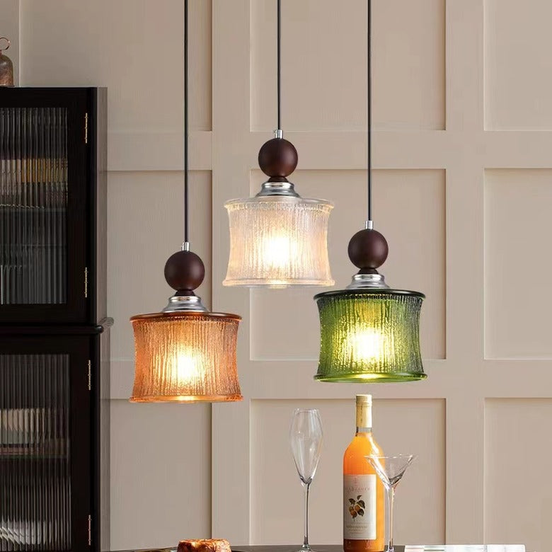 Vintage Cylindrical Ribbed Glass Pendant Light