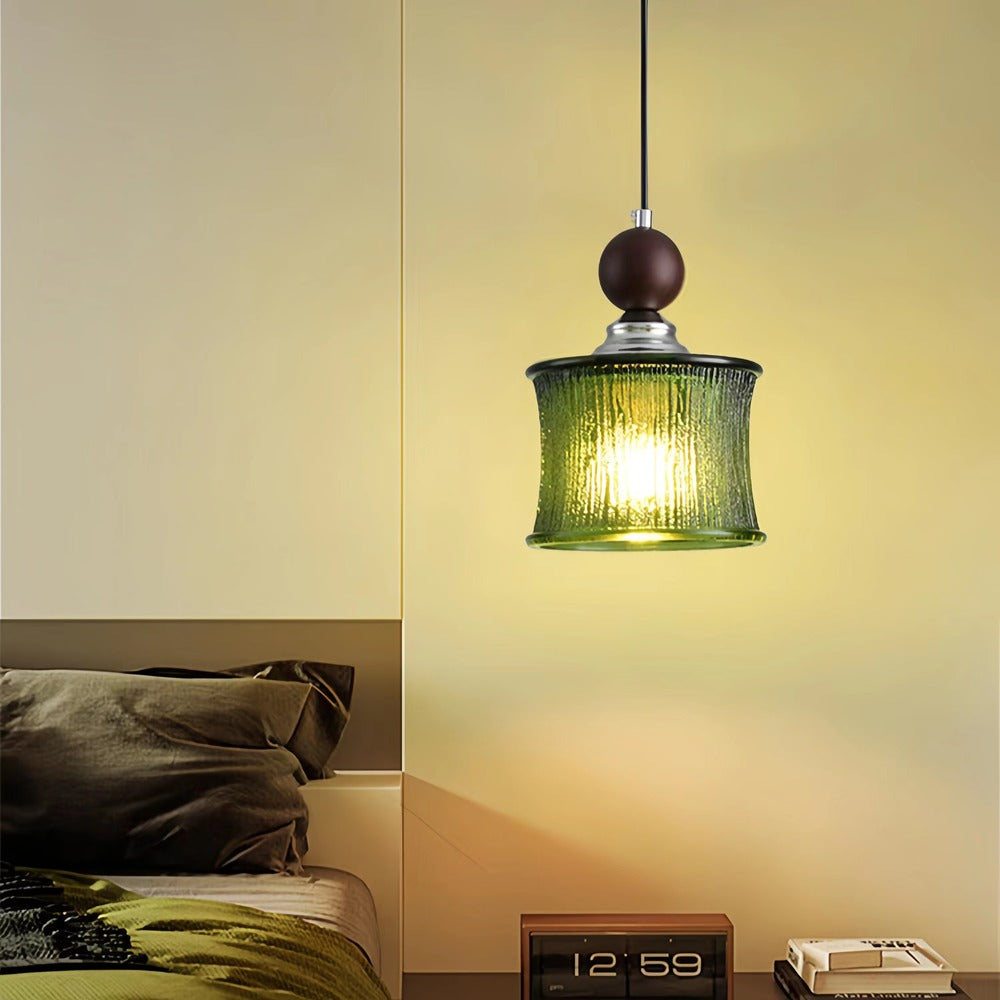 Vintage Cylindrical Ribbed Glass Pendant Light