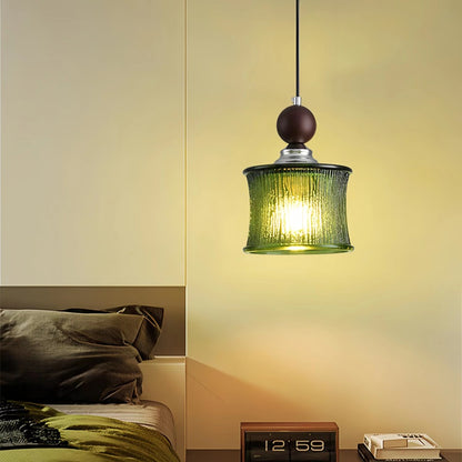 Vintage Cylindrical Ribbed Glass Pendant Light