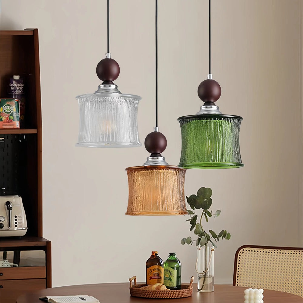 Vintage Cylindrical Ribbed Glass Pendant Light