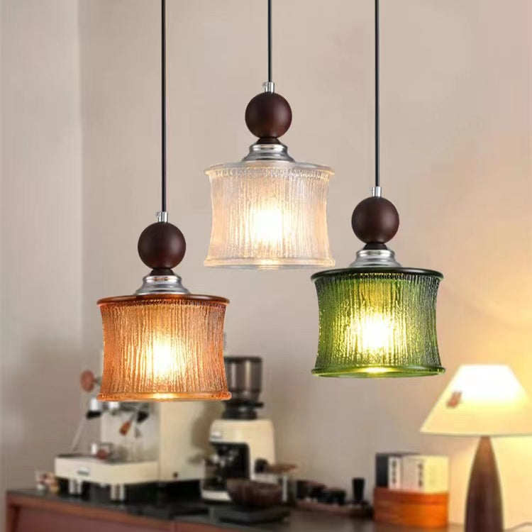 Vintage Cylindrical Ribbed Glass Pendant Light