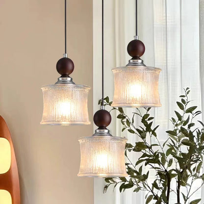 Vintage Cylindrical Ribbed Glass Pendant Light