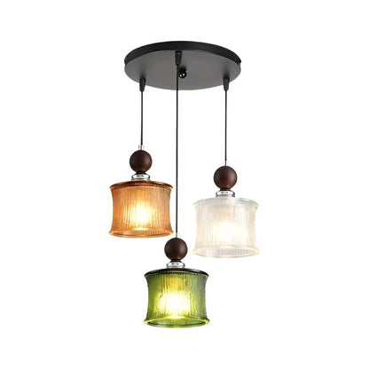 Vintage Cylindrical Ribbed Glass Pendant Light
