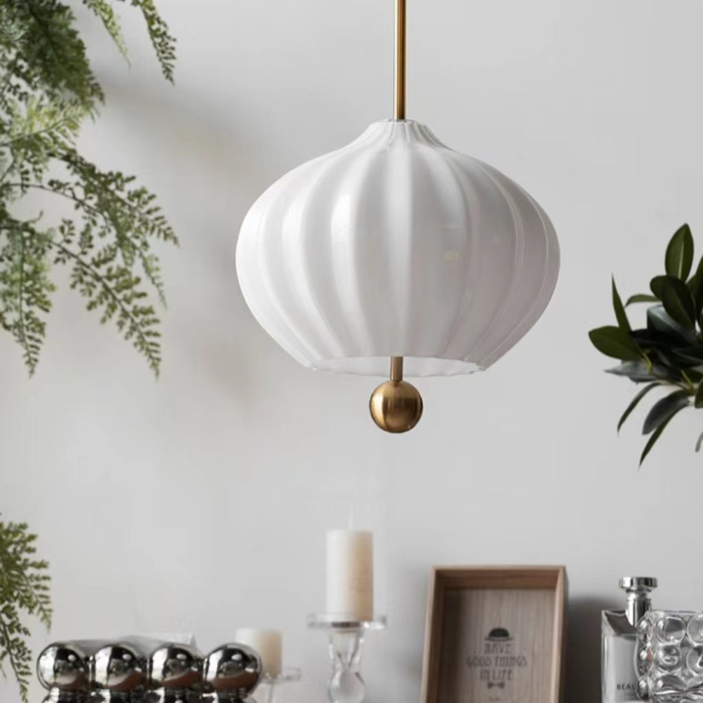 Vintage Ribbed White Glass Pendant Light