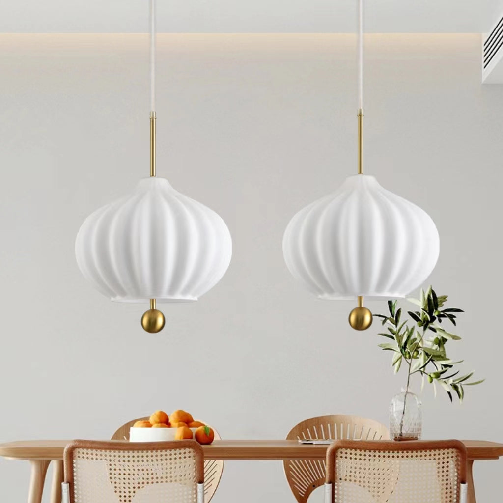 Vintage Ribbed White Glass Pendant Light