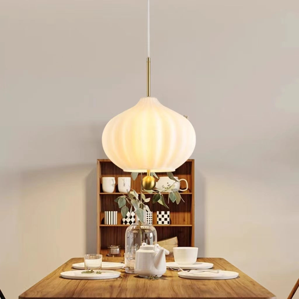 Vintage Ribbed White Glass Pendant Light