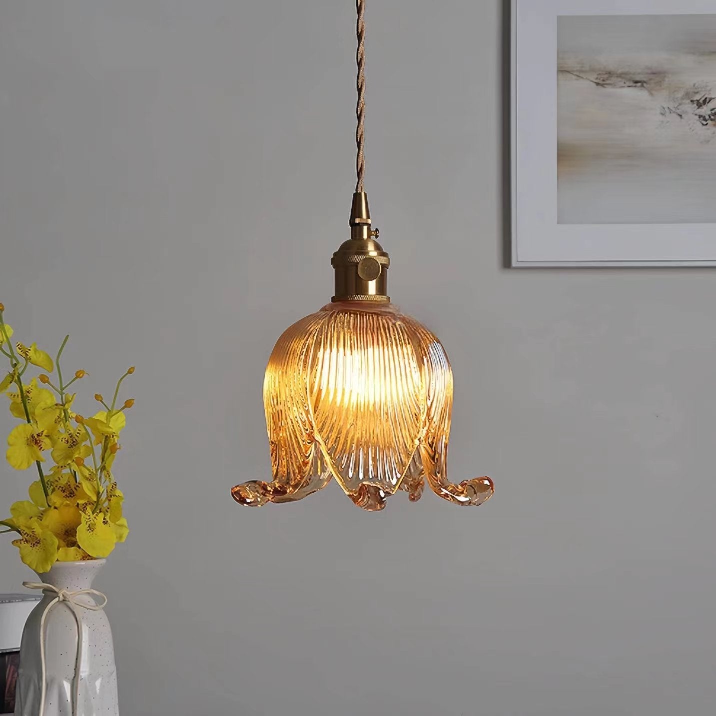 Vintage Tulip Glass Brass Pendant Light