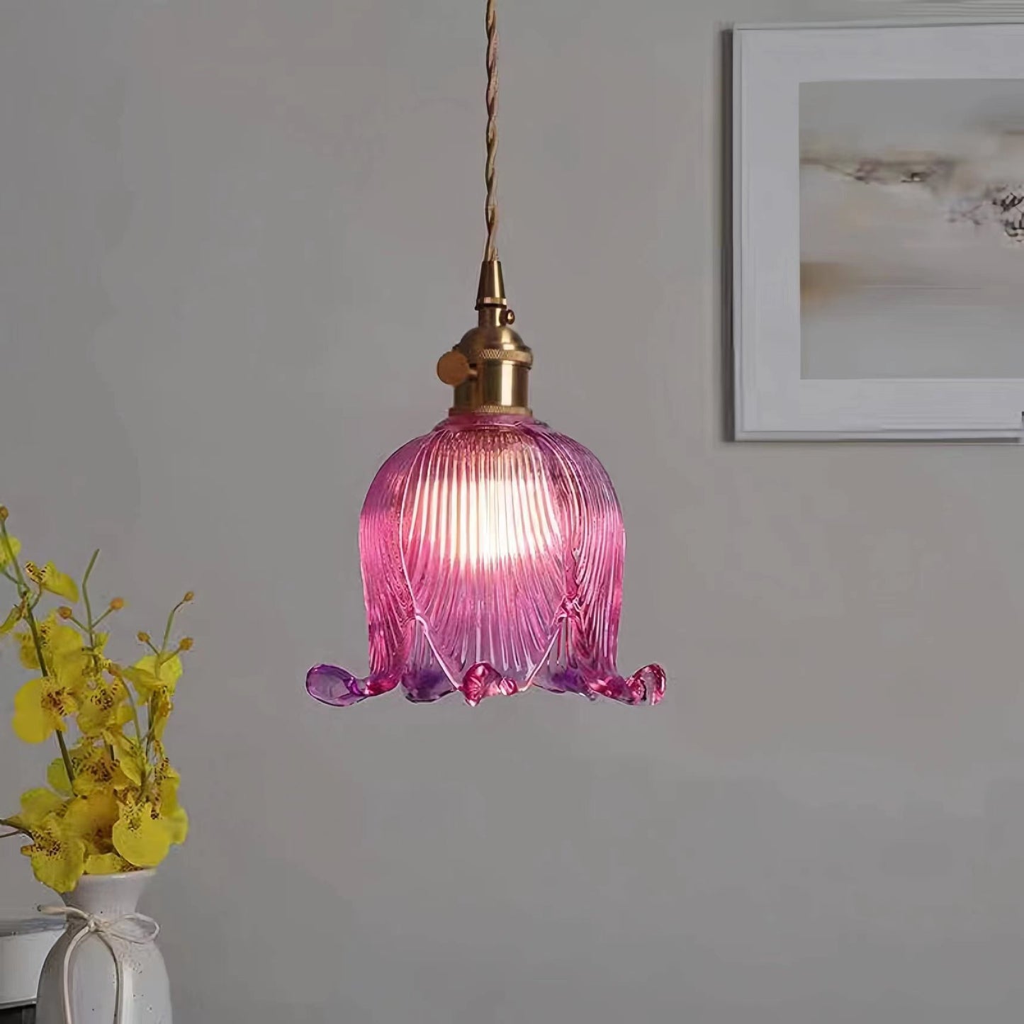 Vintage Tulip Glass Brass Pendant Light