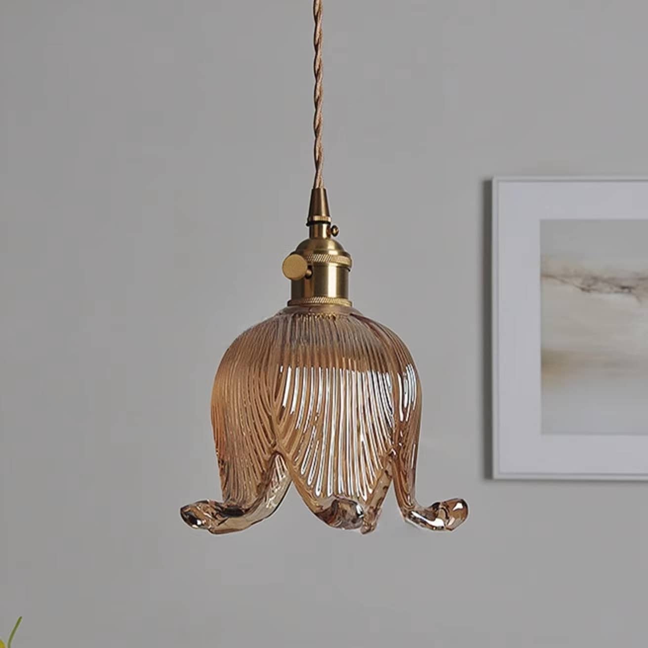 Vintage Tulip Glass Brass Pendant Light