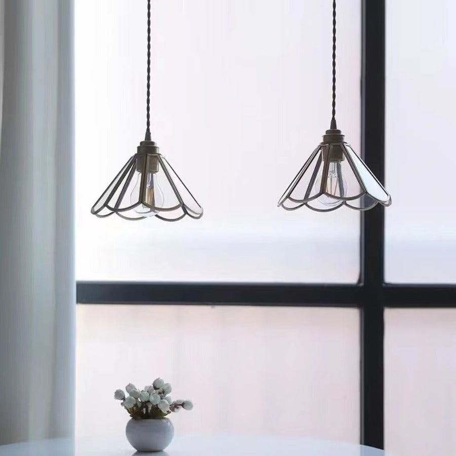Vintage Brass Glass Flower Pendant Light