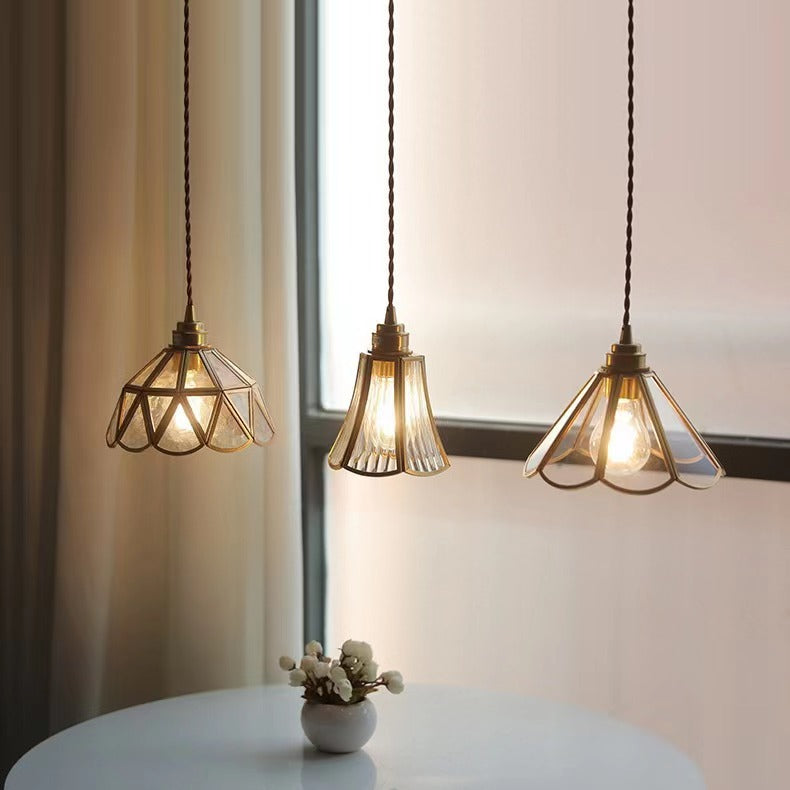 Vintage Brass Glass Flower Pendant Light