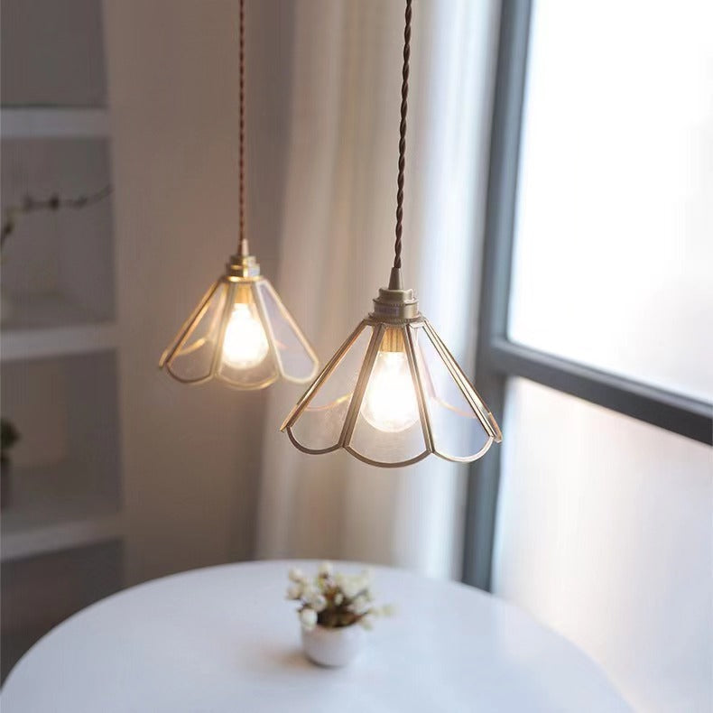 Vintage Brass Glass Flower Pendant Light