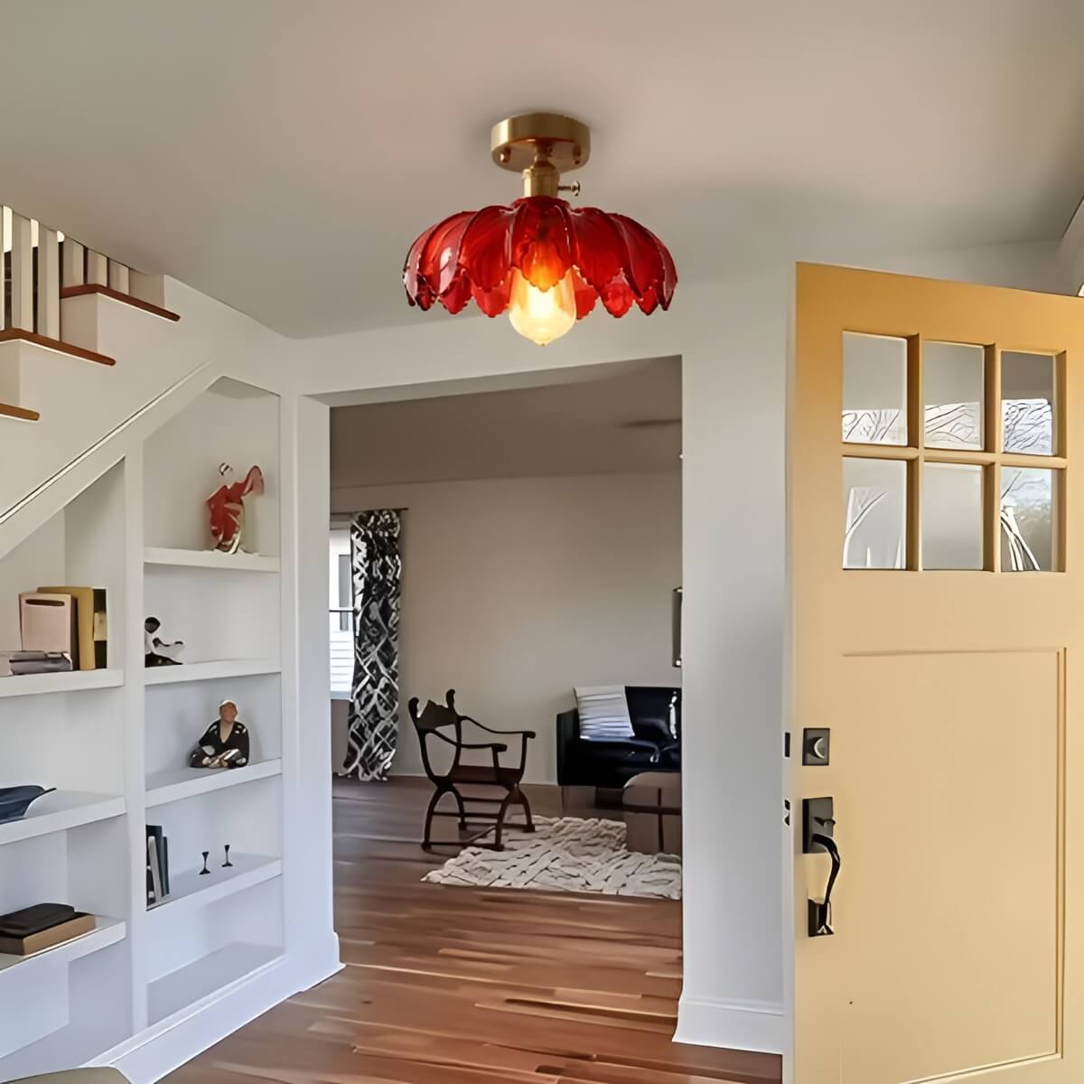 Antique Art Nouveau Lotus Flower Glass Brass Ceiling Light