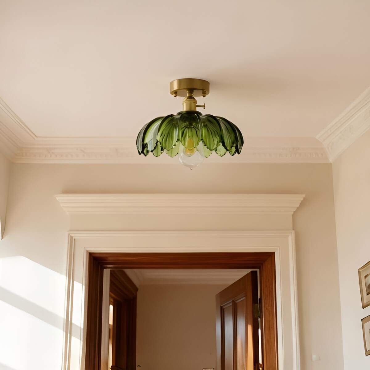 Antique Art Nouveau Lotus Flower Glass Brass Ceiling Light