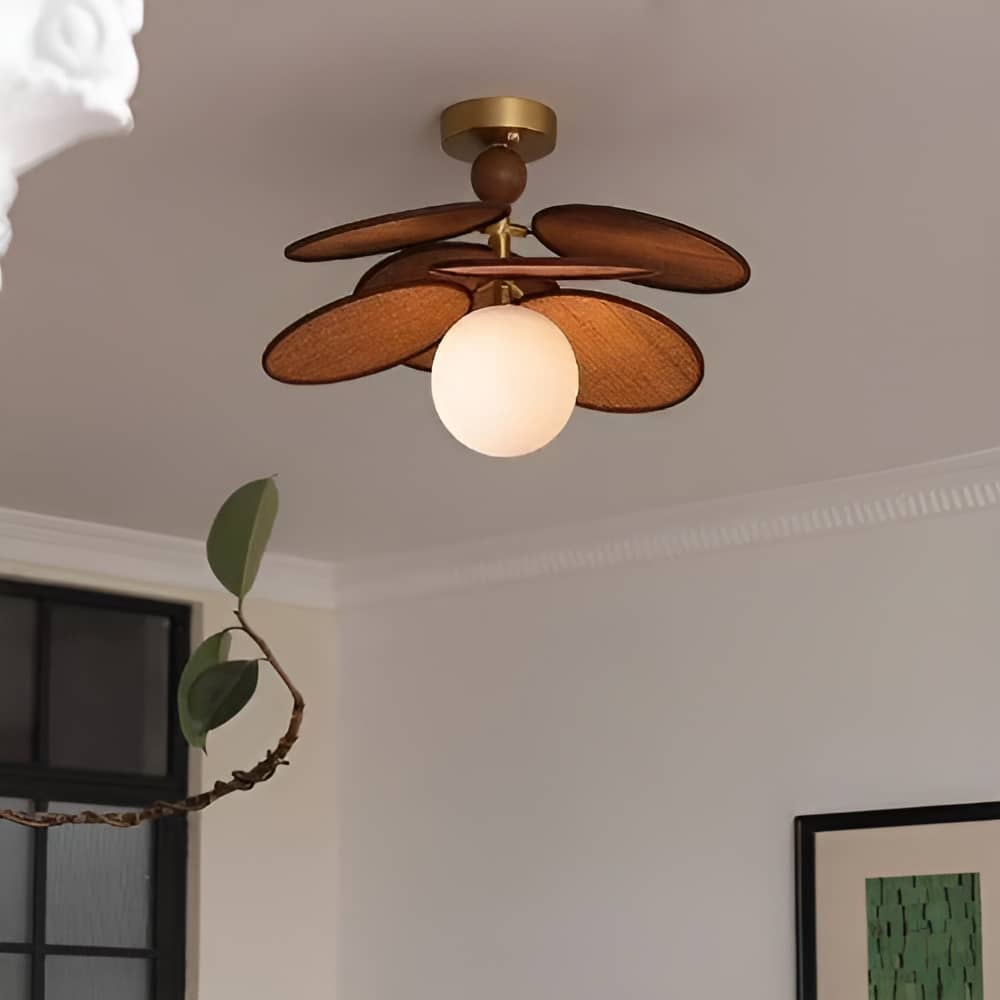 Vintage Rattan Petal Glass Globe Ceiling Light
