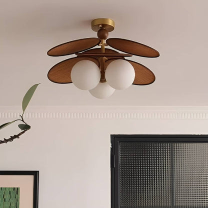 Vintage Rattan Petal Glass Globe Ceiling Light