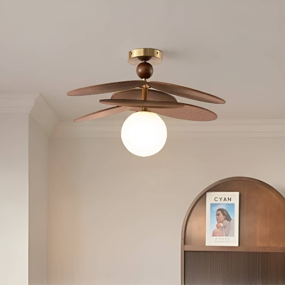 Vintage Rattan Petal Glass Globe Ceiling Light