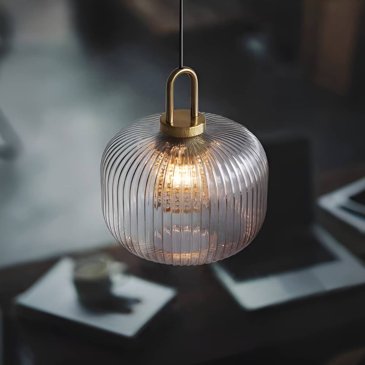 Vintage Ribbed Clear Glass Pendant Light