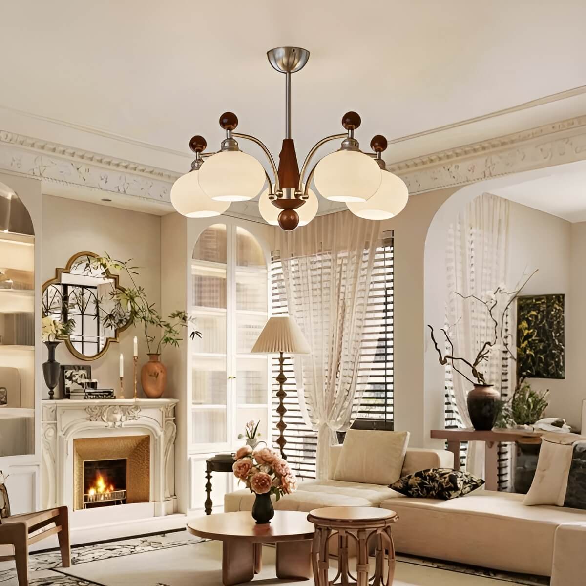 Walnut Wood and White Glass Vintage Chandelier for Living Room