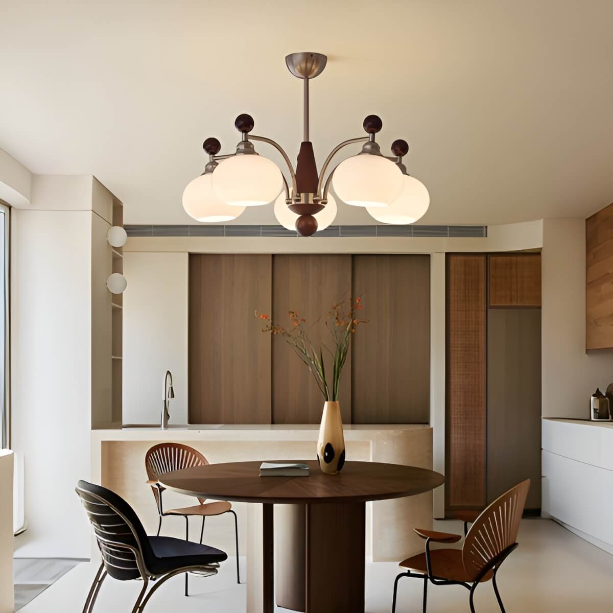 Walnut Wood and White Glass Vintage Chandelier for Living Room