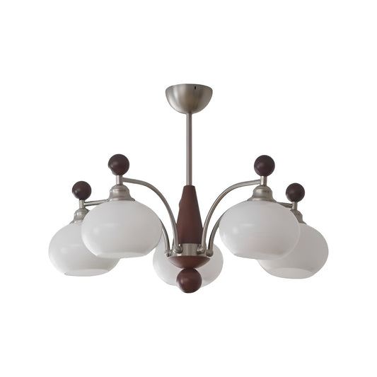 Walnut Wood and White Glass Vintage Chandelier for Living Room